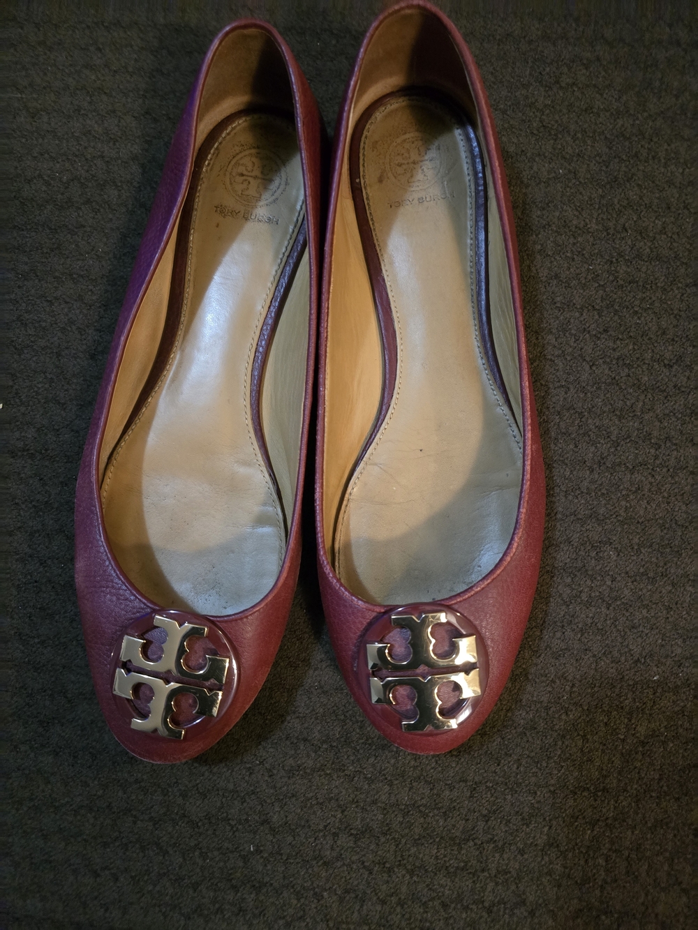 Women's Burgundy Leather Ballet Flats with Logo Medallion